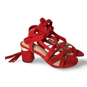 PAIGE Jodie Wraparound Fringe Sandal In Red Suede